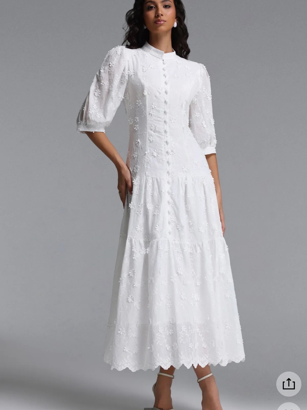 White Embroidered Maxi Dress with Button-Front and Puff Sleeves